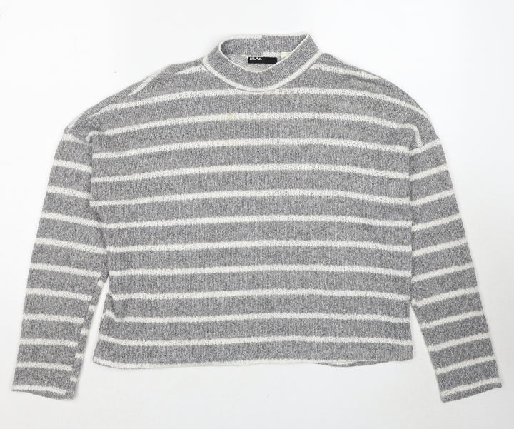 Bug Womens Grey Mock Neck Striped Polyester Pullover Jumper Size S