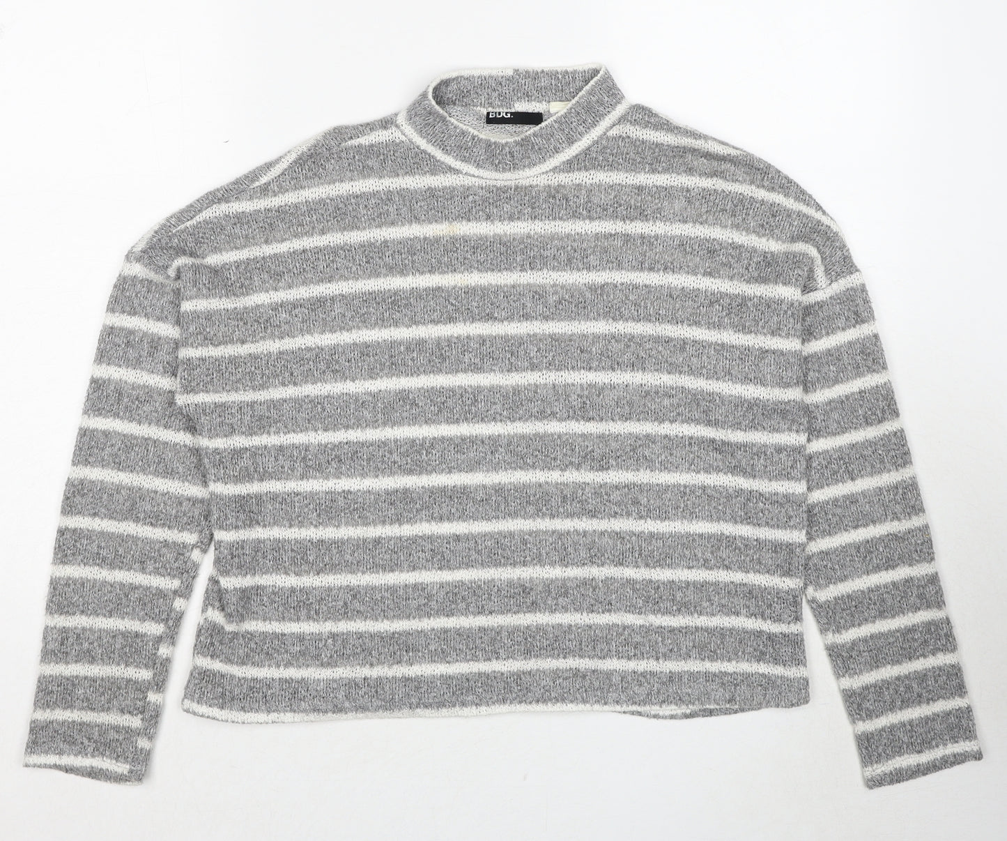Bug Womens Grey Mock Neck Striped Polyester Pullover Jumper Size S