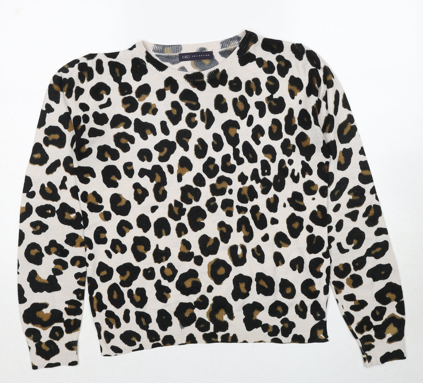 Marks and Spencer Womens Beige Round Neck Animal Print Acrylic Pullover Jumper Size 10 - Leopard Pattern