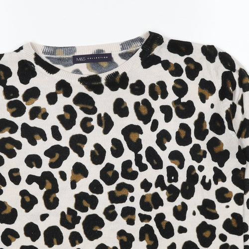 Marks and Spencer Womens Beige Round Neck Animal Print Acrylic Pullover Jumper Size 10 - Leopard Pattern