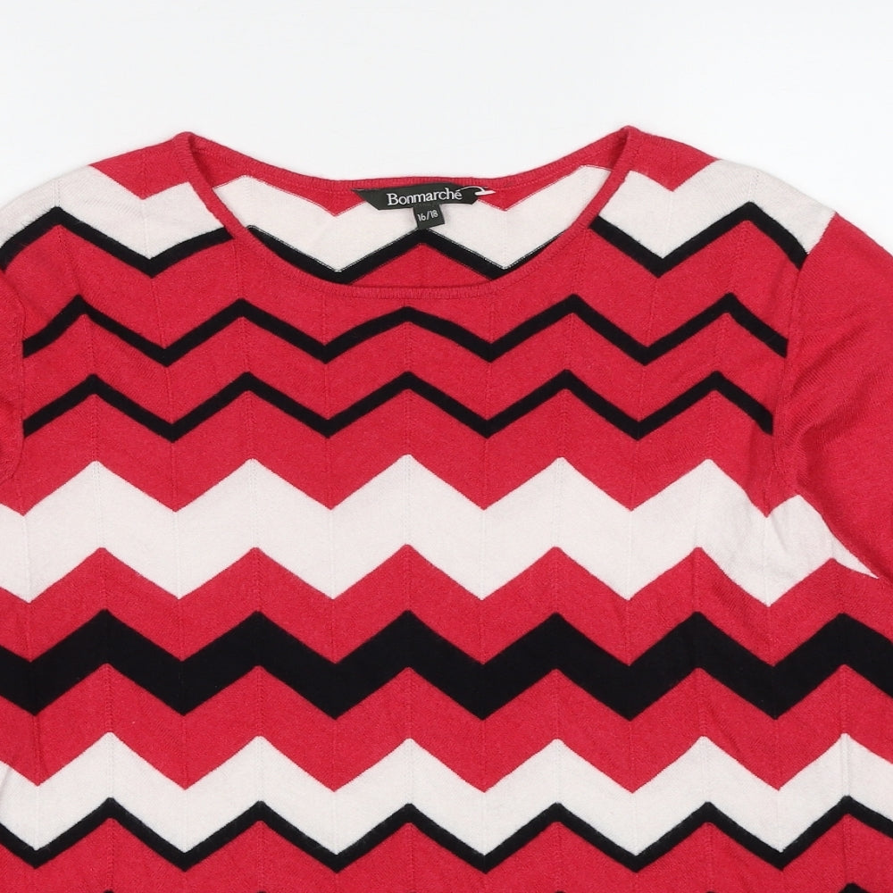 Bonmarché Womens Red Round Neck Herringbone Viscose Pullover Jumper Size 16