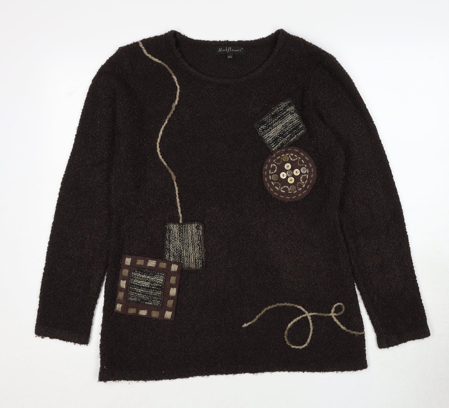 Mud Flower Womens Brown Round Neck Acrylic Pullover Jumper Size M - Size M/L