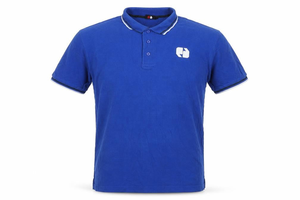 Front view of Sneaker Freak men’s blue cotton polo, size M, collared pullover
