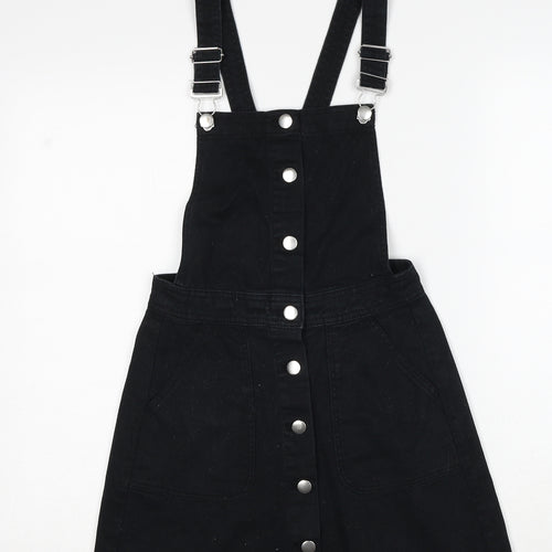 H&M Womens Black Cotton Pinafore/Dungaree Dress Size 6 Square Neck Button