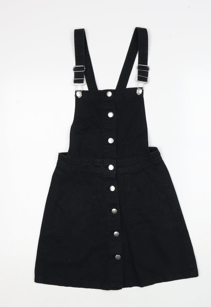 H&M Womens Black Cotton Pinafore/Dungaree Dress Size 6 Square Neck Button