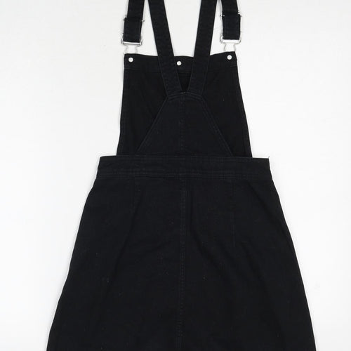 H&M Womens Black Cotton Pinafore/Dungaree Dress Size 6 Square Neck Button