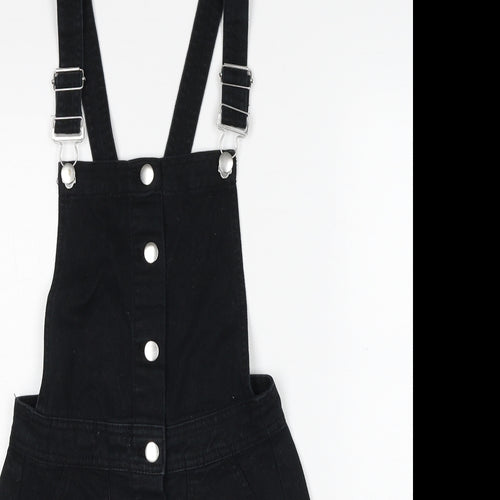H&M Womens Black Cotton Pinafore/Dungaree Dress Size 6 Square Neck Button