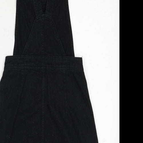 H&M Womens Black Cotton Pinafore/Dungaree Dress Size 6 Square Neck Button