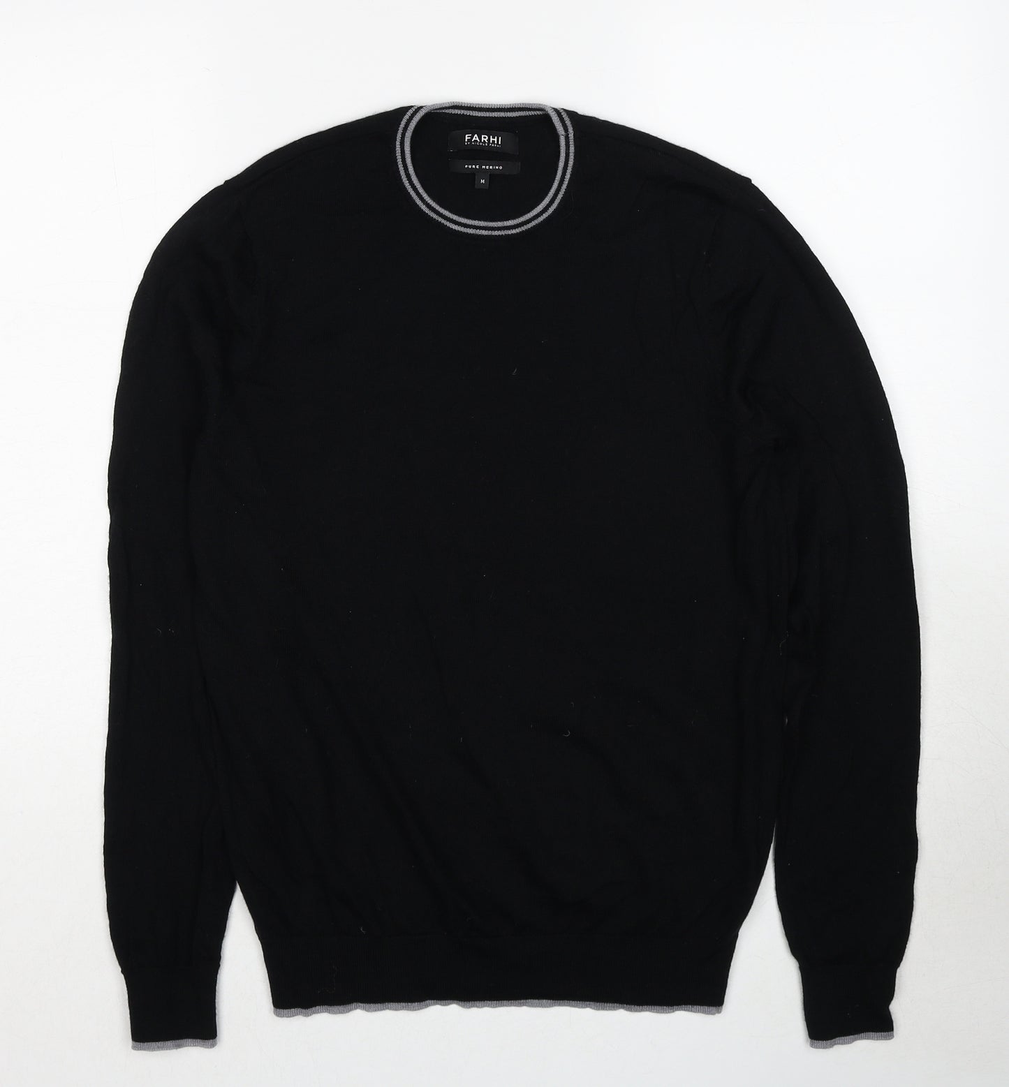 NICOLE FARHI Mens Black Round Neck Wool Pullover Jumper Size M Long Sleeve