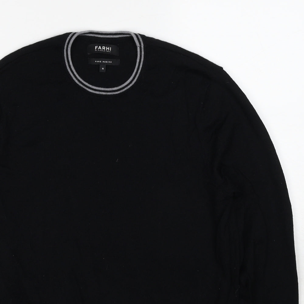 NICOLE FARHI Mens Black Round Neck Wool Pullover Jumper Size M Long Sleeve
