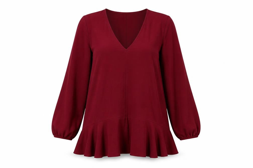 Front view of ASOS women’s red polyester mini, size UK 10, v-neck pullover
