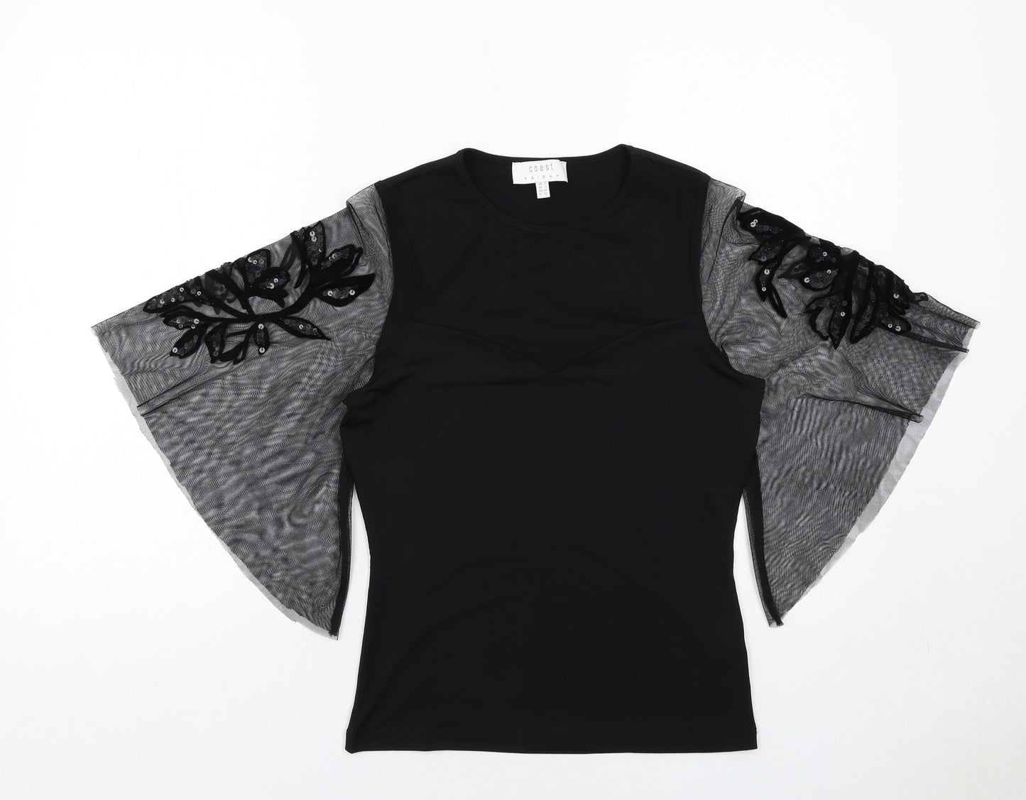 Coast Womens Black Polyester Basic Blouse Size 6 Crew Neck - Voluminous Mesh Sleeves