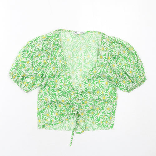 Zara Womens Green Floral Polyester Cropped Blouse Size S V-Neck - Ruched Front