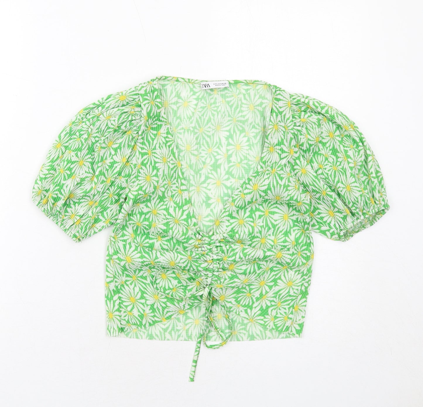 Zara Womens Green Floral Polyester Cropped Blouse Size S V-Neck - Ruched Front