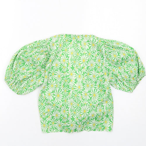 Zara Womens Green Floral Polyester Cropped Blouse Size S V-Neck - Ruched Front