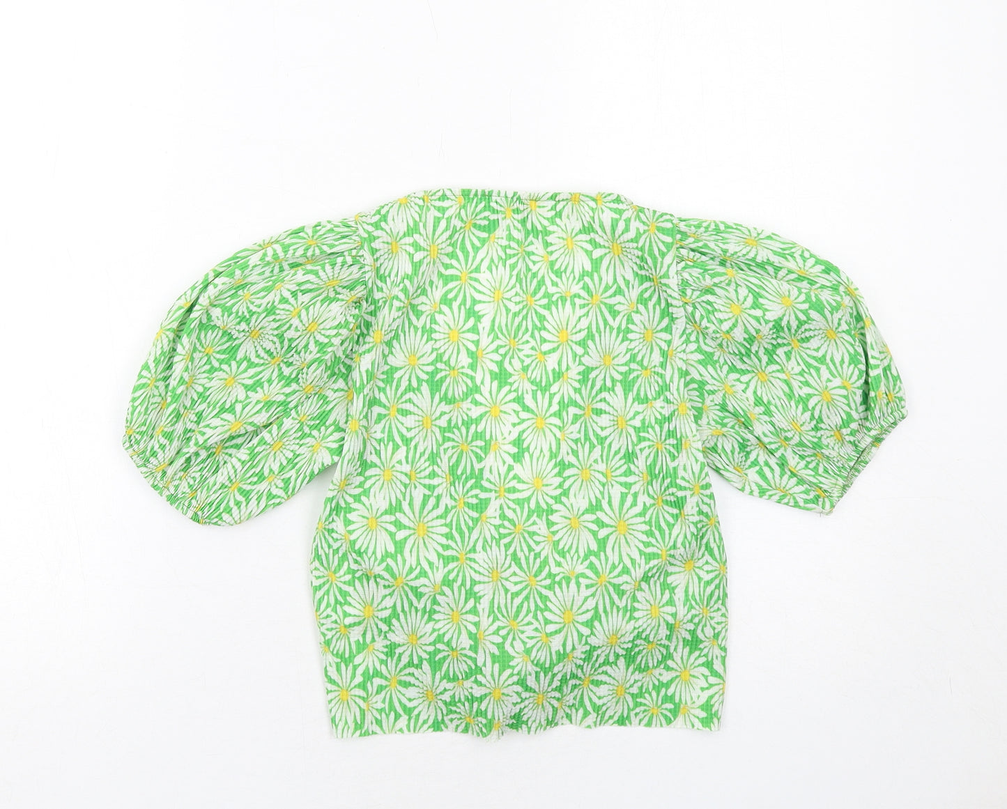 Zara Womens Green Floral Polyester Cropped Blouse Size S V-Neck - Ruched Front