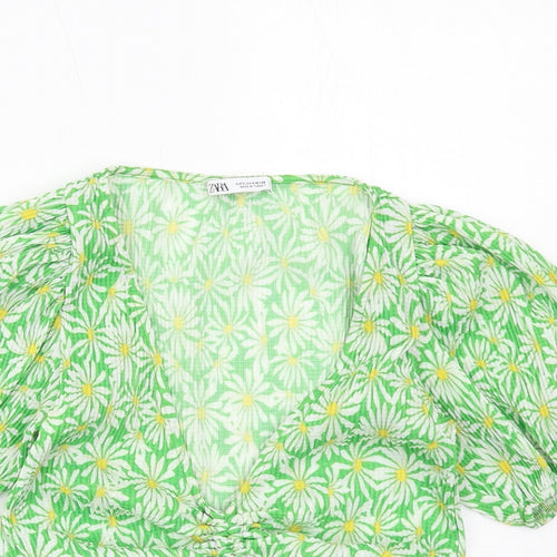 Zara Womens Green Floral Polyester Cropped Blouse Size S V-Neck - Ruched Front