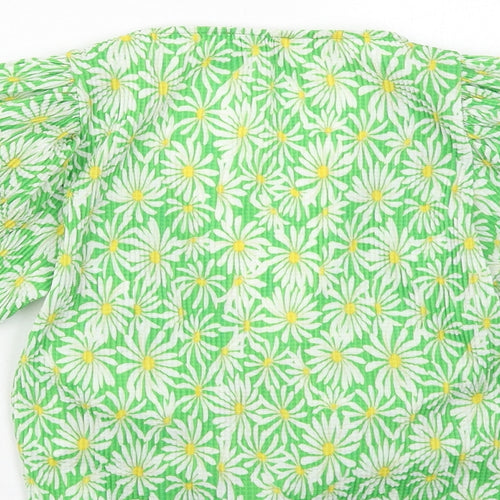 Zara Womens Green Floral Polyester Cropped Blouse Size S V-Neck - Ruched Front