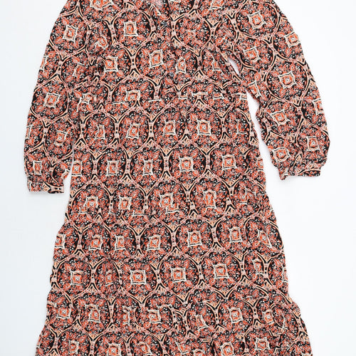 Marks and Spencer Womens Orange Geometric Viscose A-Line Size 14 V-Neck Button