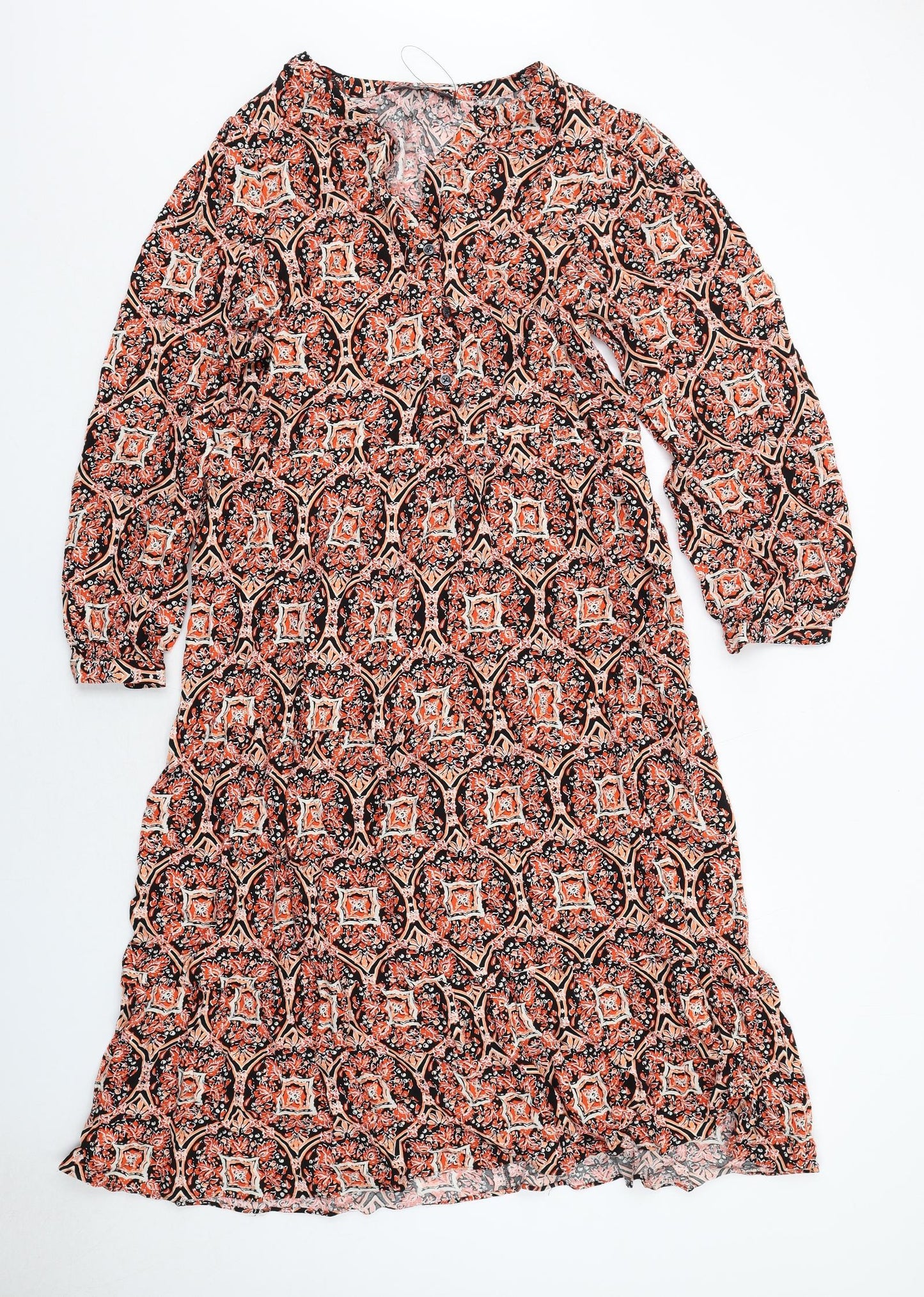 Marks and Spencer Womens Orange Geometric Viscose A-Line Size 14 V-Neck Button