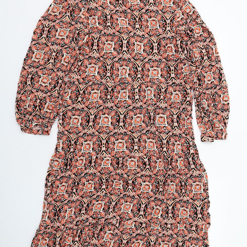 Marks and Spencer Womens Orange Geometric Viscose A-Line Size 14 V-Neck Button