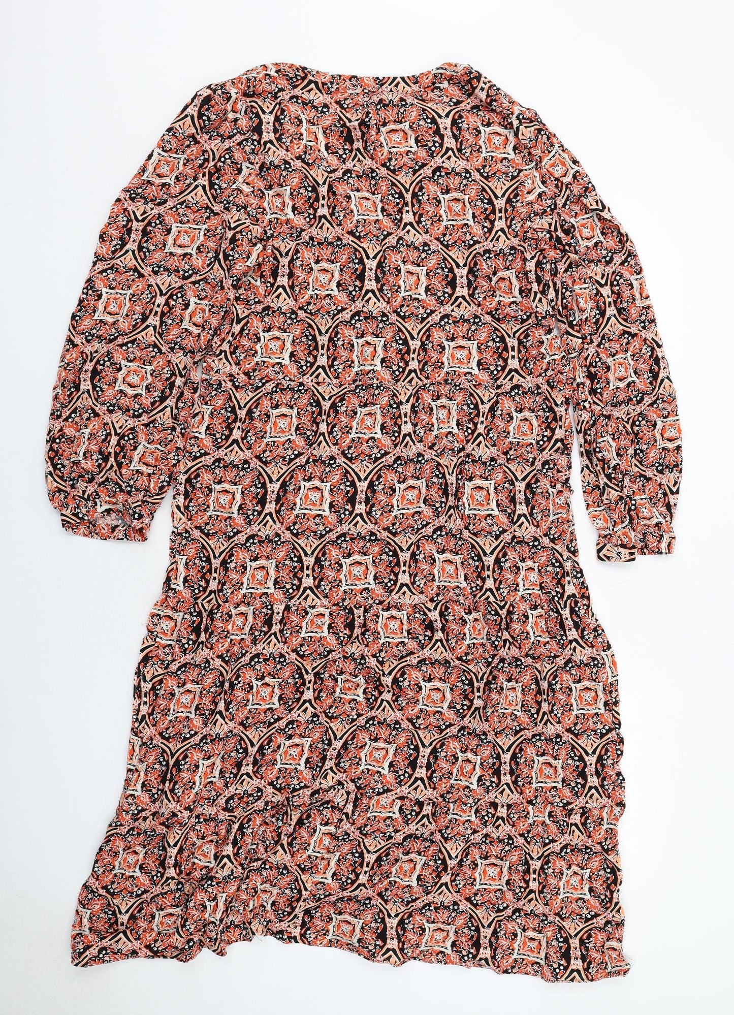 Marks and Spencer Womens Orange Geometric Viscose A-Line Size 14 V-Neck Button