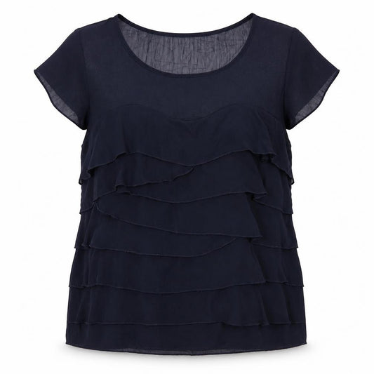 Front view of Per Una women’s blue polyester basic blouse, size UK 14, boat neck