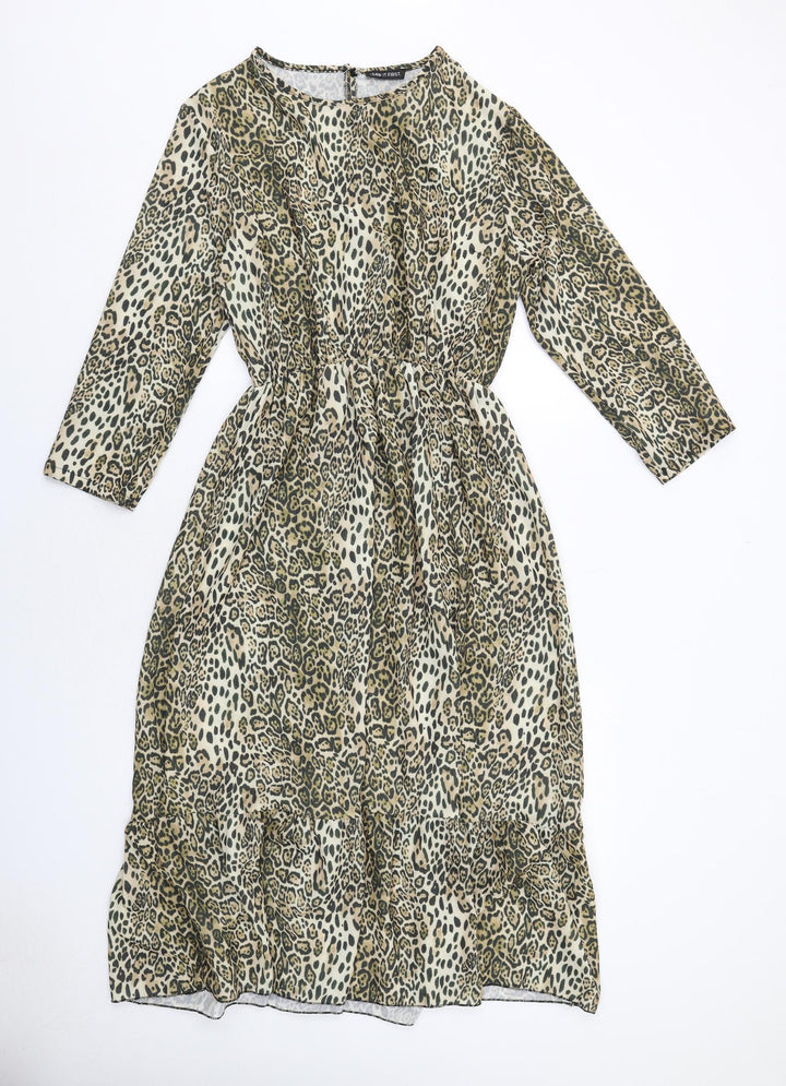 I SAW IT FIRST Womens Brown Animal Print Polyester A-Line Size S Round Neck Button - Leopard Print