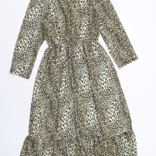 I SAW IT FIRST Womens Brown Animal Print Polyester A-Line Size S Round Neck Button - Leopard Print
