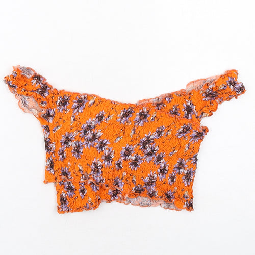 Topshop Womens Orange Floral Cotton Cropped Tank Size 8 Round Neck