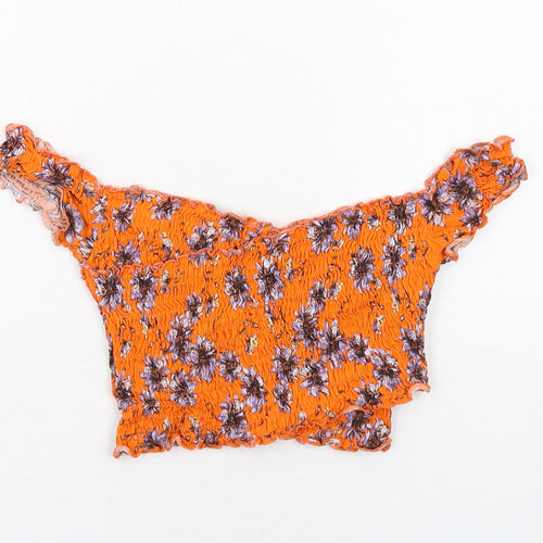 Topshop Womens Orange Floral Cotton Cropped Tank Size 8 Round Neck
