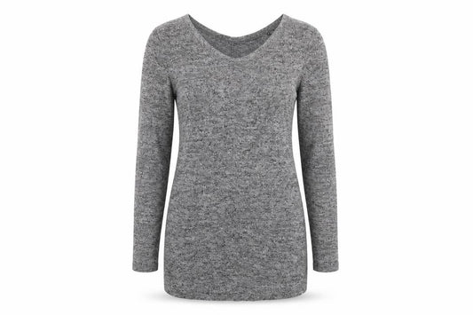 Front view of Next women’s grey geometric viscose basic blouse, size UK 10, round neck
