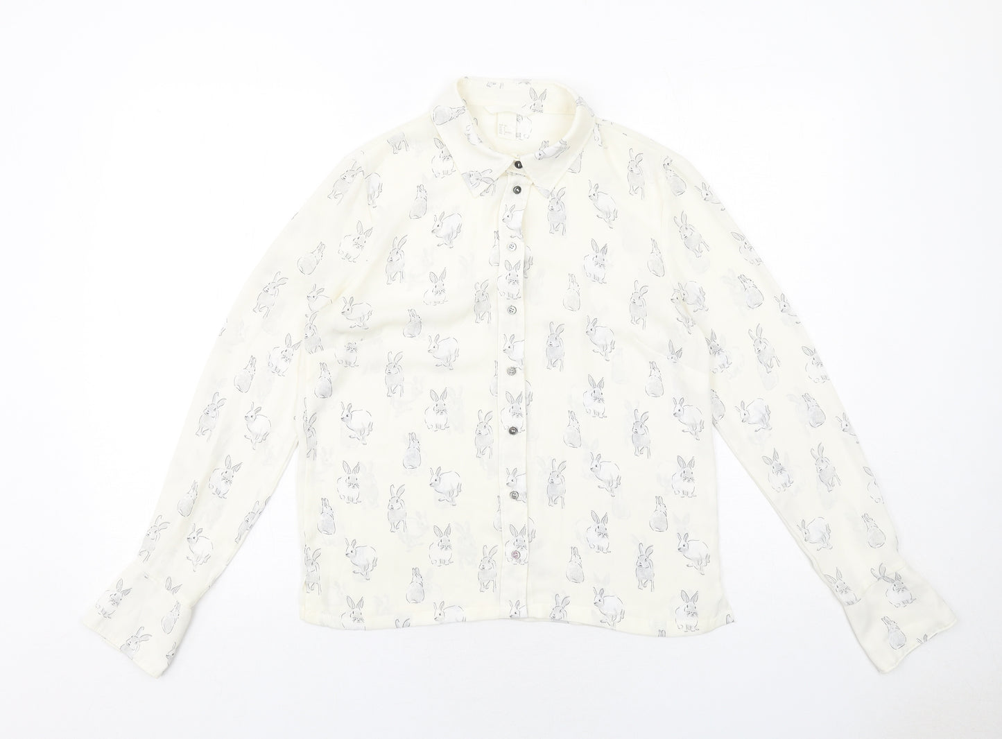 H&M Womens Ivory Geometric Polyester Basic Button-Up Size 8 Collared - Bunny Print