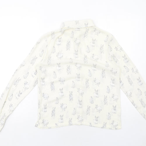 H&M Womens Ivory Geometric Polyester Basic Button-Up Size 8 Collared - Bunny Print
