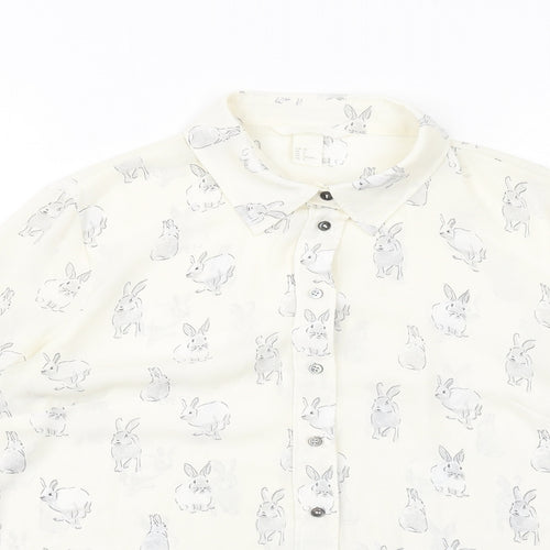 H&M Womens Ivory Geometric Polyester Basic Button-Up Size 8 Collared - Bunny Print