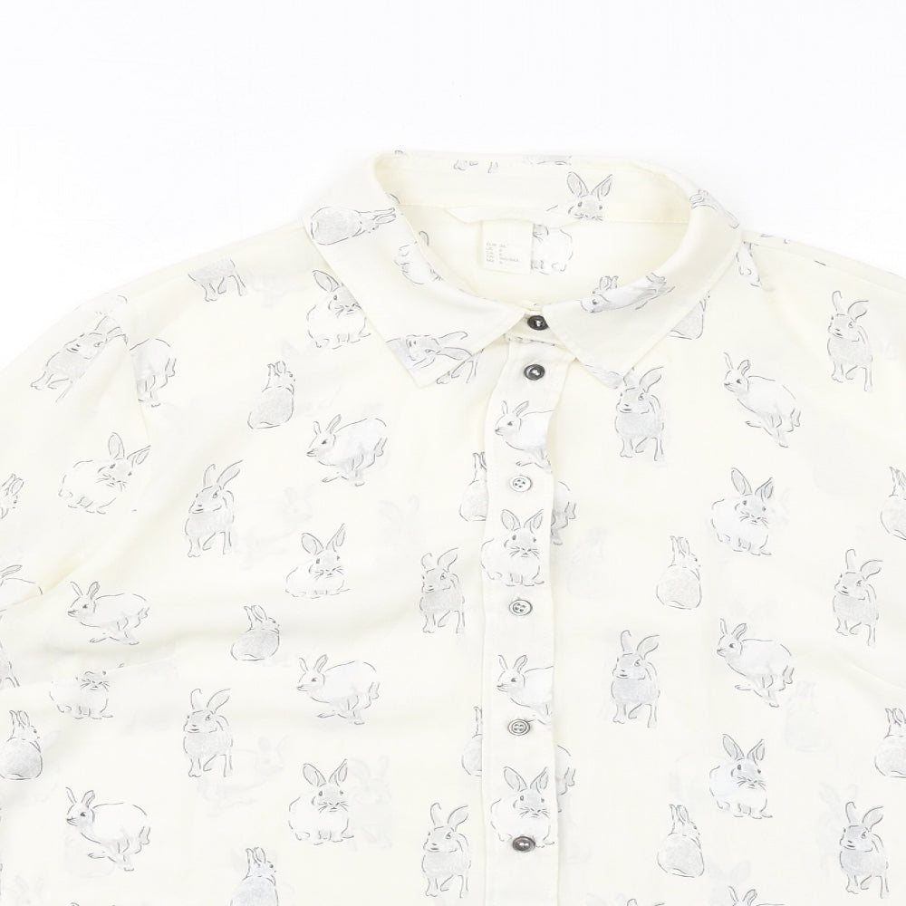 H&M Womens Ivory Geometric Polyester Basic Button-Up Size 8 Collared - Bunny Print