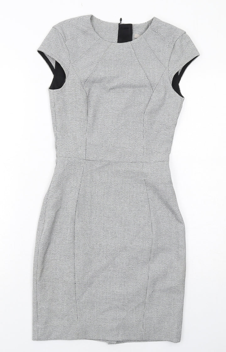 H&M Womens Grey Geometric Polyester Shift Size 4 Round Neck Zip