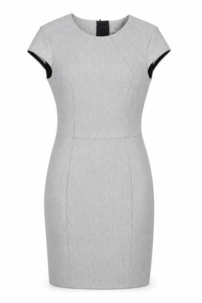 Front view of H&M women’s grey geometric polyester shift, size UK 4, round neck zip