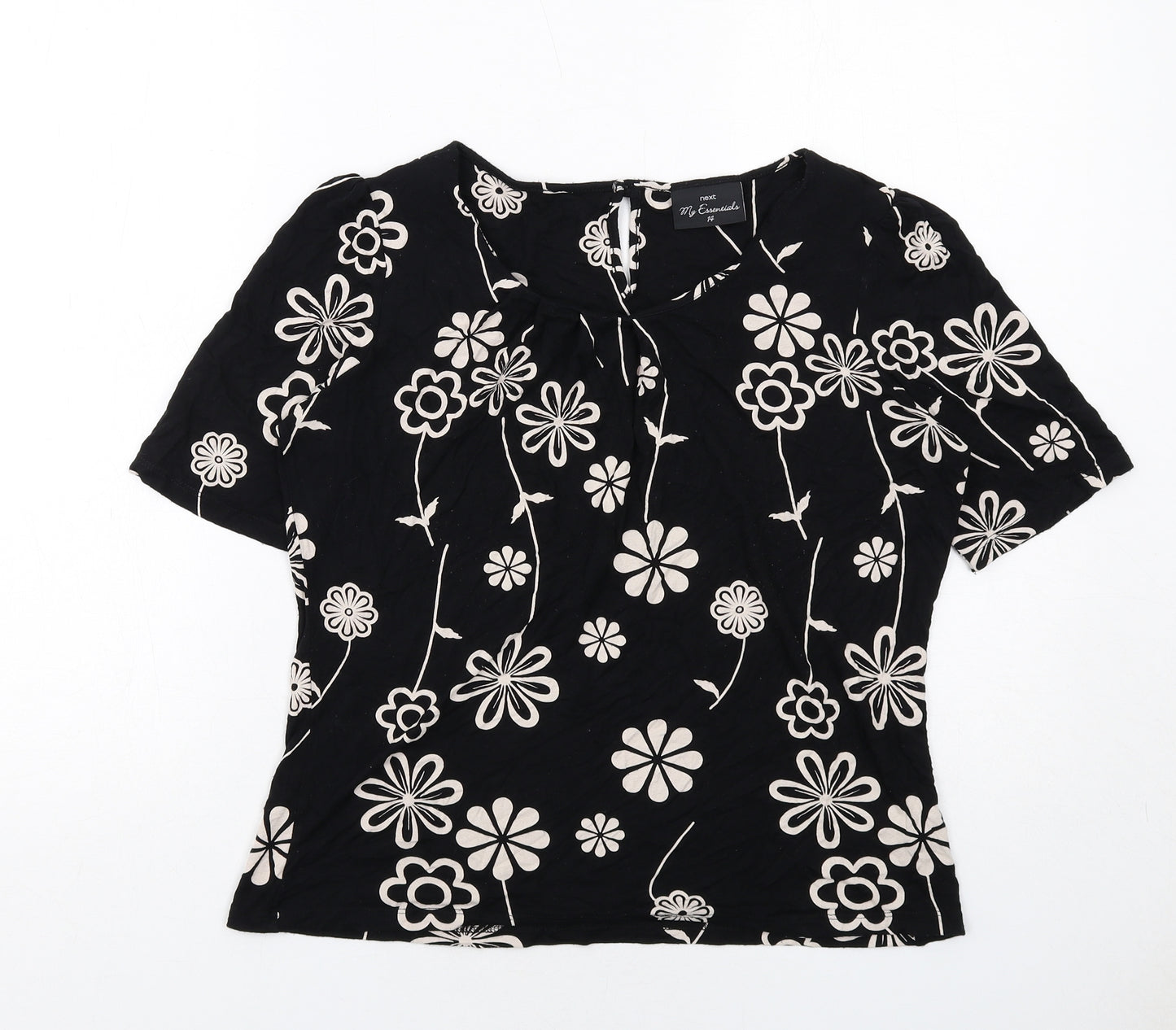 NEXT Womens Black Floral Viscose Basic Blouse Size 14 Round Neck