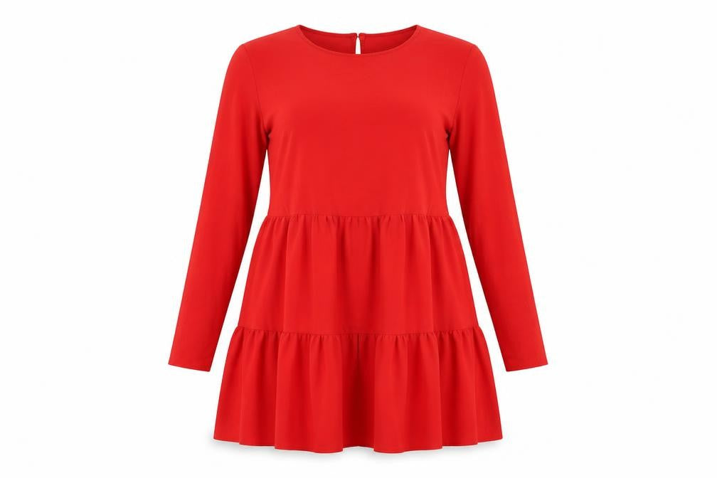 Front view of ASOS women’s red polyester a-line, size UK 12, round neck button