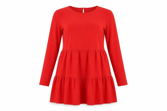 Front view of ASOS women’s red polyester a-line, size UK 12, round neck button