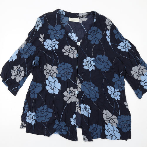 Ann Harvey Womens Blue Floral Viscose Basic Button-Up Size 22 V-Neck