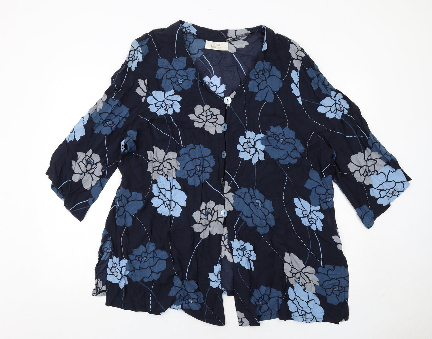 Ann Harvey Womens Blue Floral Viscose Basic Button-Up Size 22 V-Neck