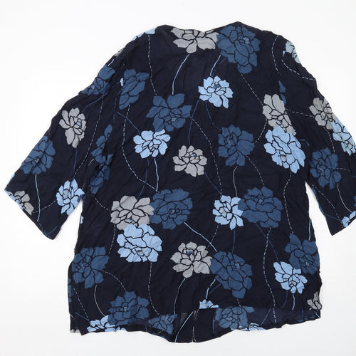 Ann Harvey Womens Blue Floral Viscose Basic Button-Up Size 22 V-Neck