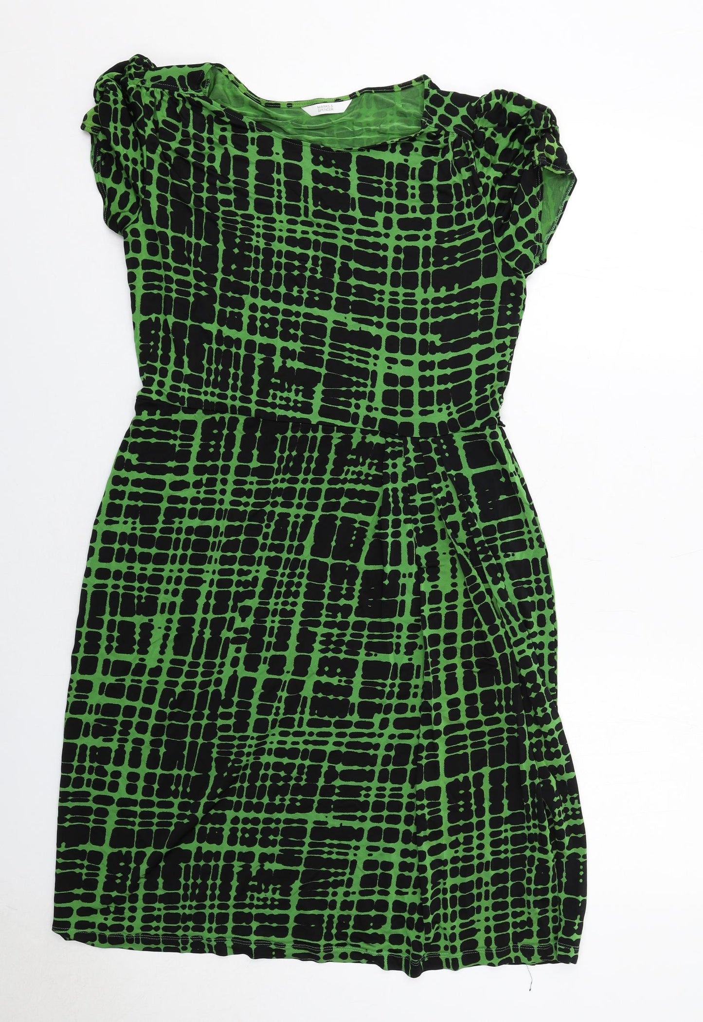 Marks and Spencer Womens Green Geometric Viscose A-Line Size 14 Round Neck Pullover