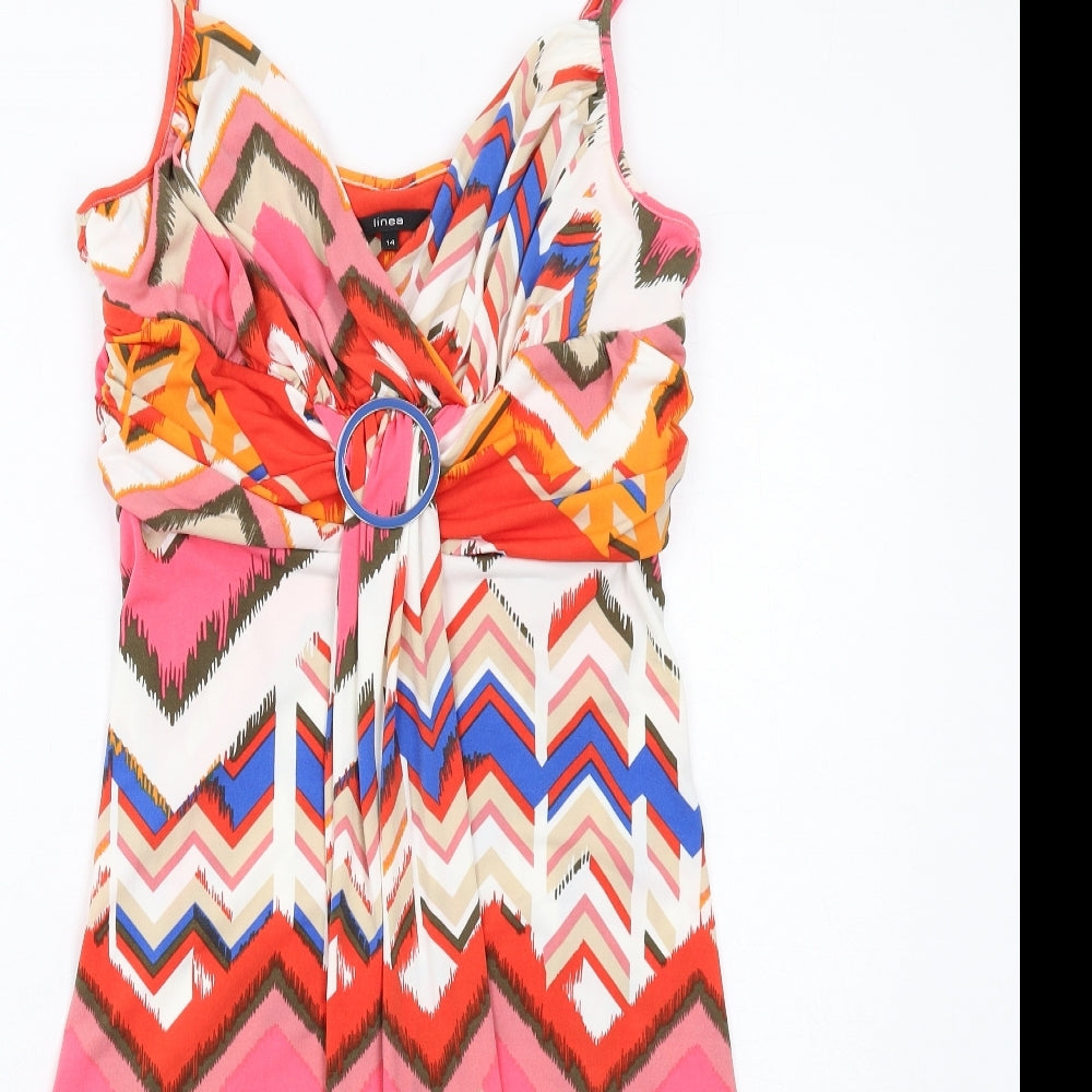 Linea Womens Multicoloured Geometric Polyester Tank Dress Size 14 V-Neck Pullover