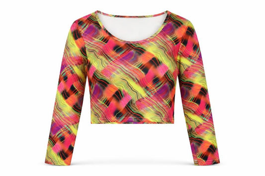Front view of Rayer women’s multicoloured geometric polyester cropped t-shirt, size UK 12, round neck