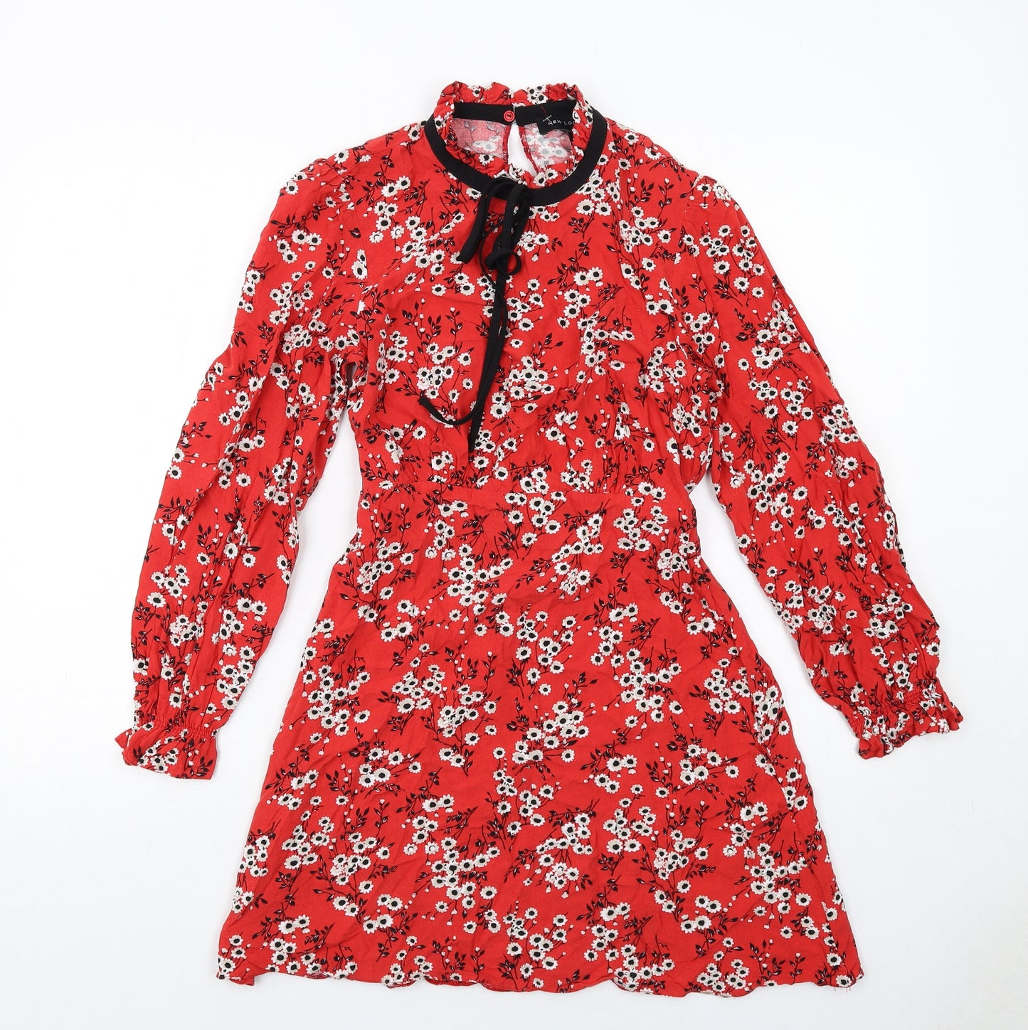 New Look Womens Red Floral Viscose A-Line Size 10 Mock Neck Button