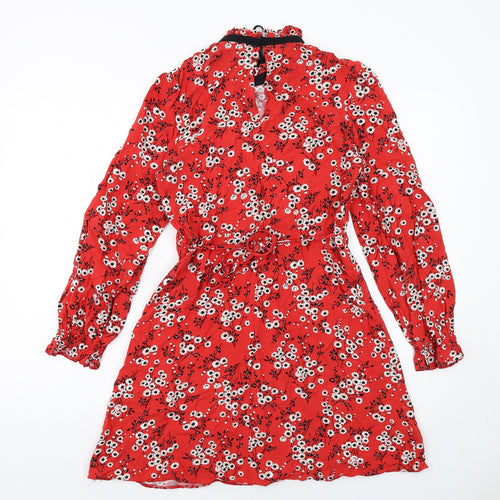 New Look Womens Red Floral Viscose A-Line Size 10 Mock Neck Button