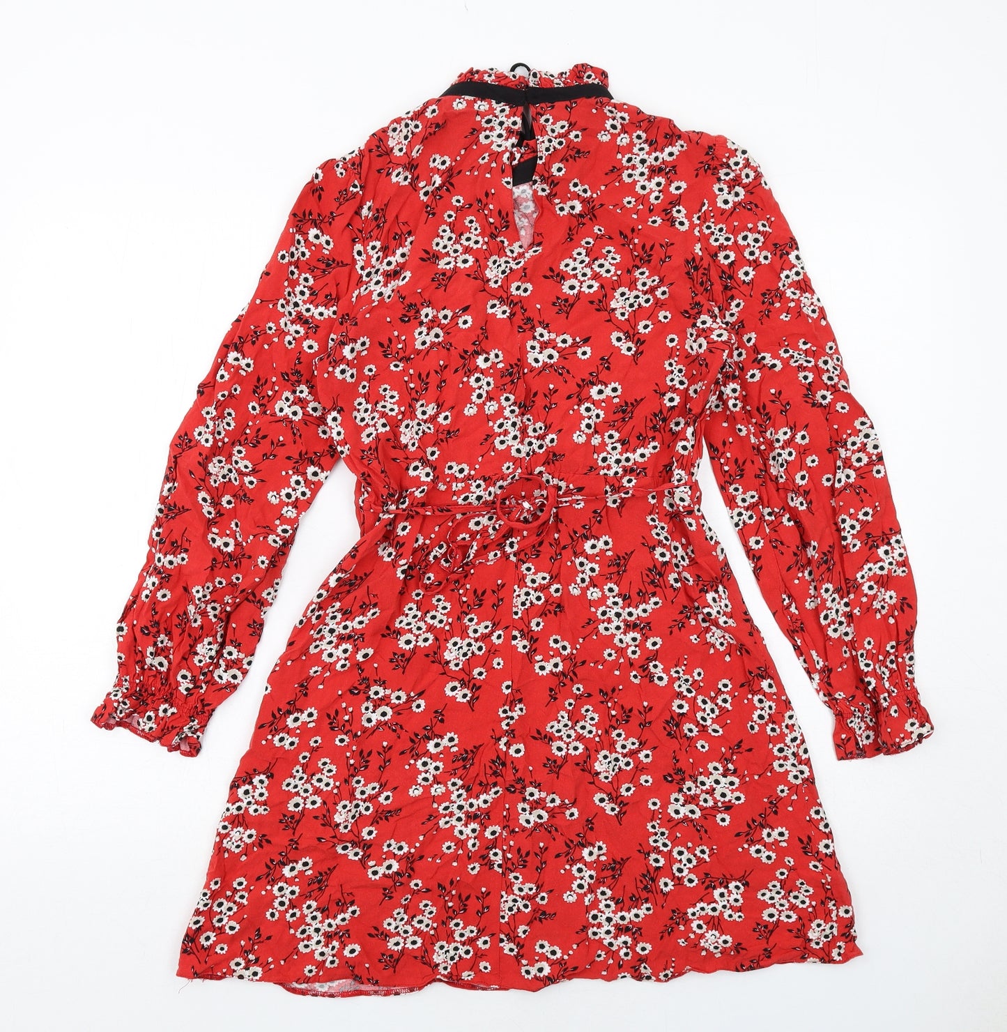 New Look Womens Red Floral Viscose A-Line Size 10 Mock Neck Button